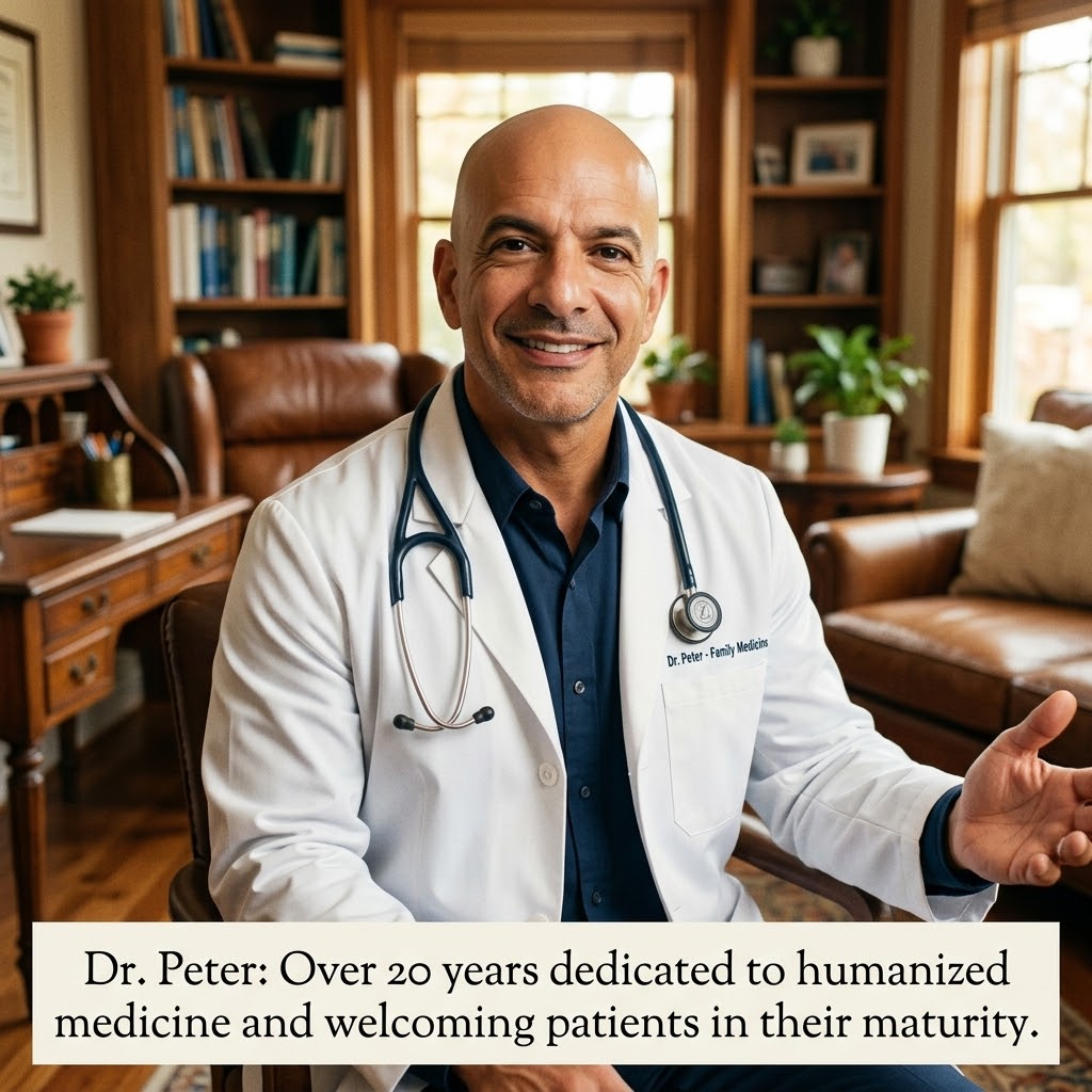 Dr. Peter in his office — over 20 years dedicated to humanized medicine