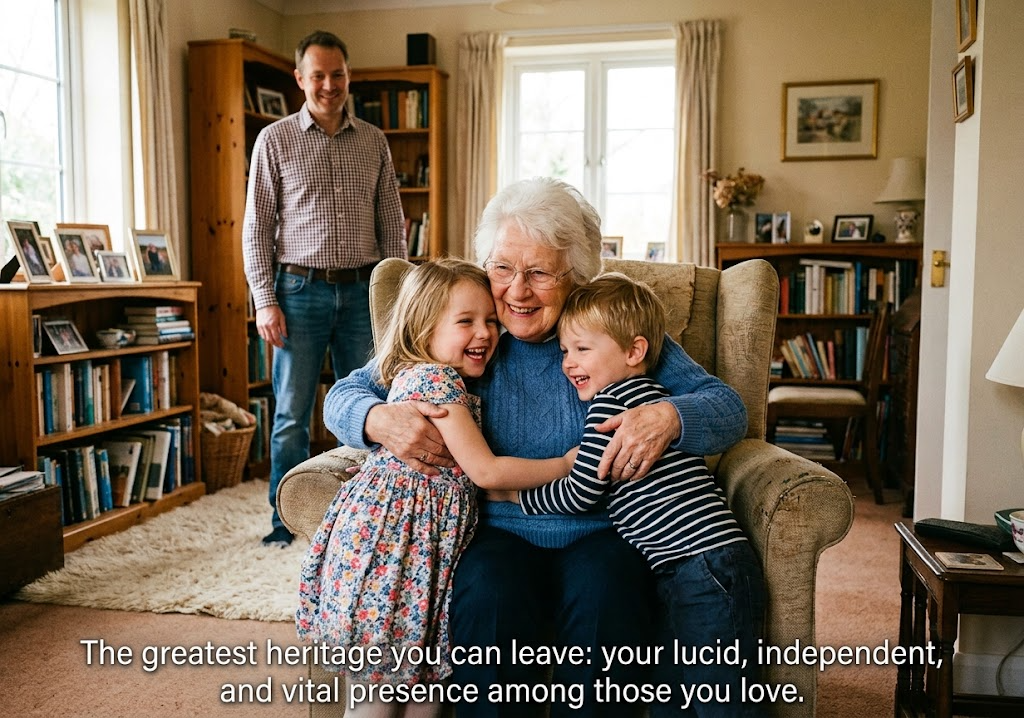 A smiling grandmother hugging her two grandchildren while her son watches